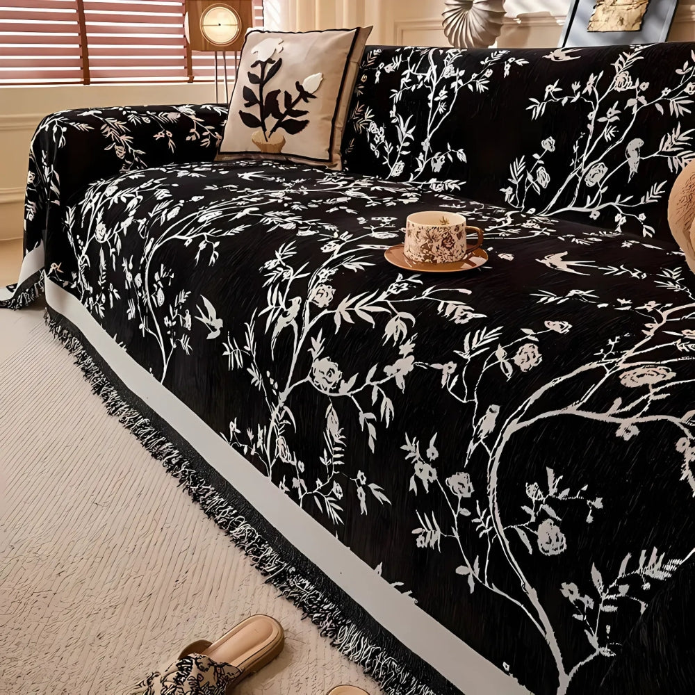 FloraLuxe Cover - Couch Cover - Floral Style - Chenille Tassel Elegance