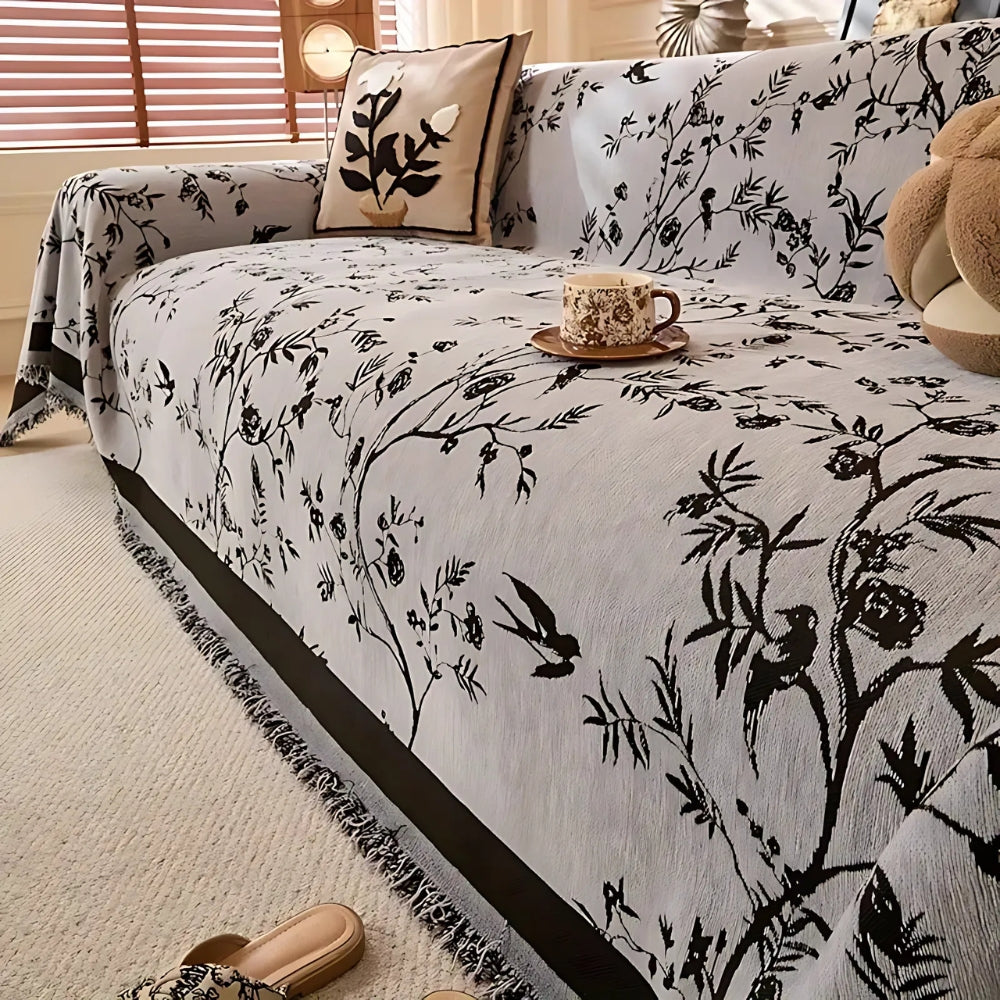 FloraLuxe Cover - Couch Cover - Floral Style - Chenille Tassel Elegance