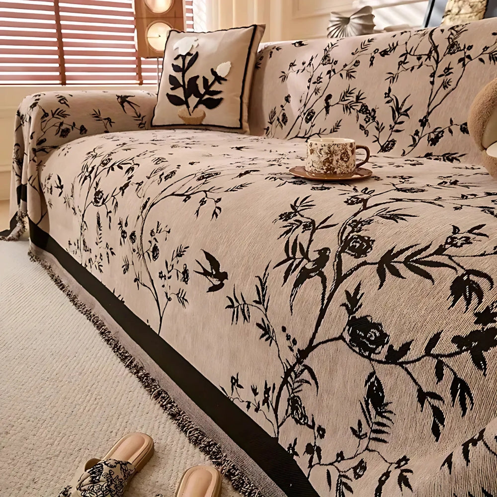 FloraLuxe Cover - Couch Cover - Floral Style - Chenille Tassel Elegance