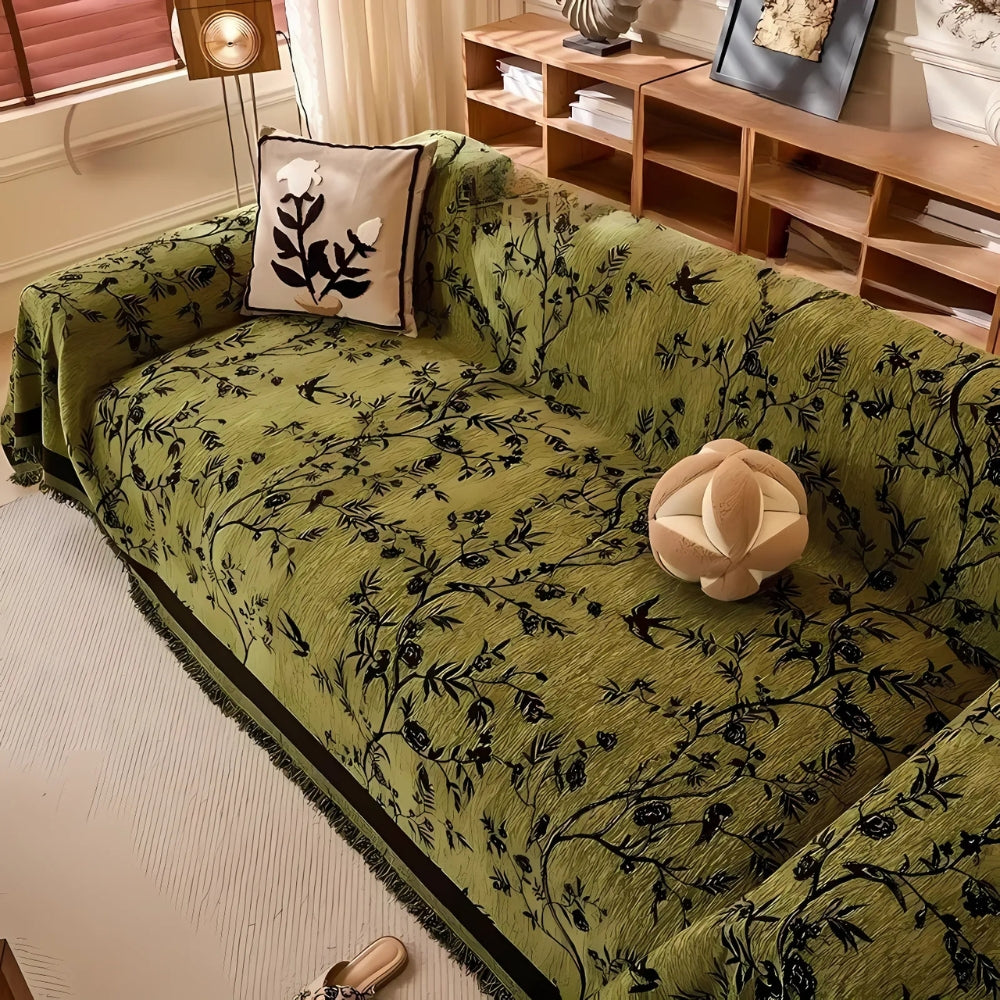 FloraLuxe Cover - Couch Cover - Floral Style - Chenille Tassel Elegance