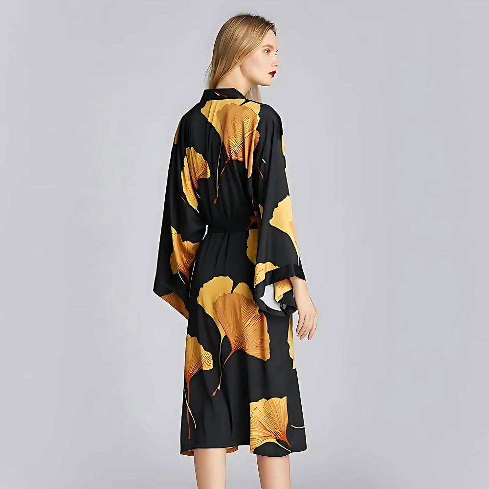 Bamboo Bathrobe - Lightweight Polyester, Ginkgo Leaf Print 2