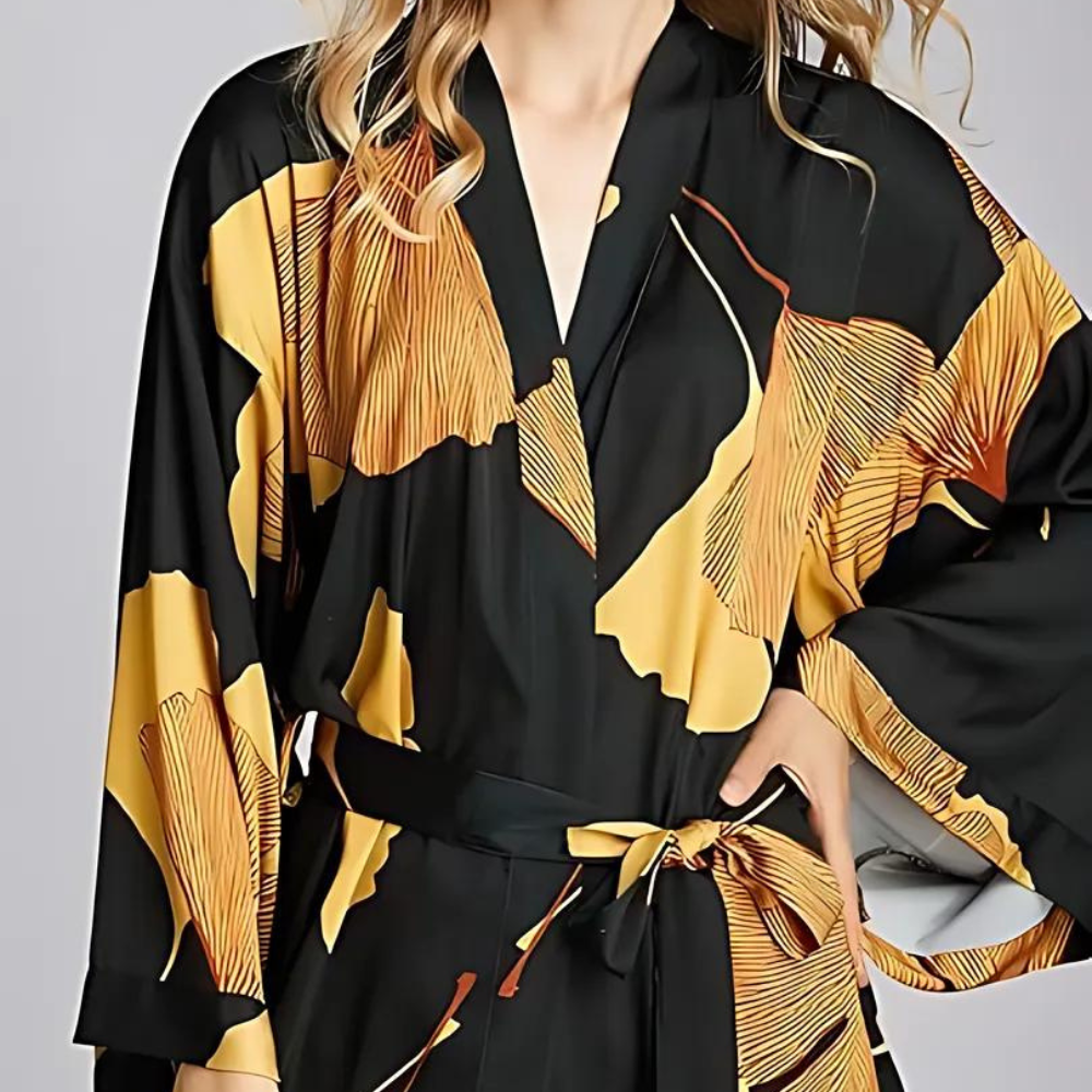 Bamboo Bathrobe - Lightweight Polyester, Ginkgo Leaf Print 3