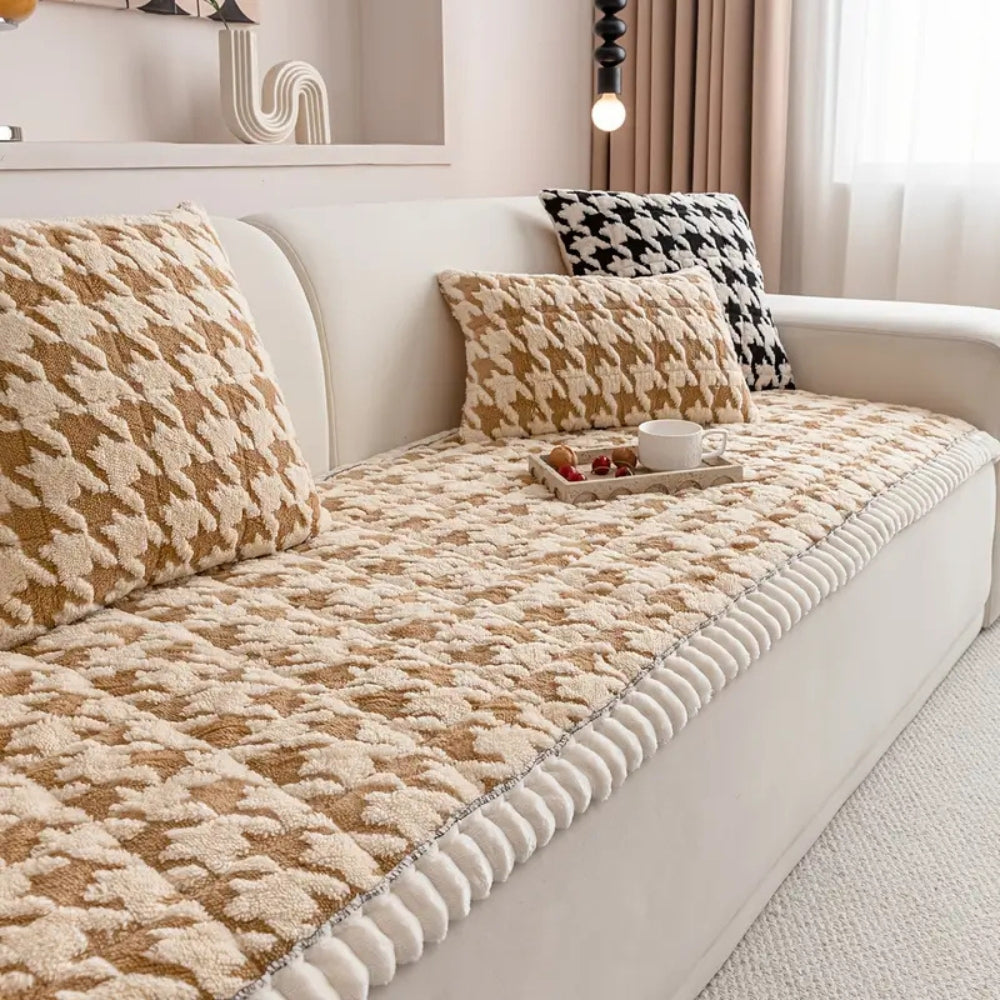 Cleo Sofa Cover - Plush Microfiber Houndstooth with Ruffle Trim 0