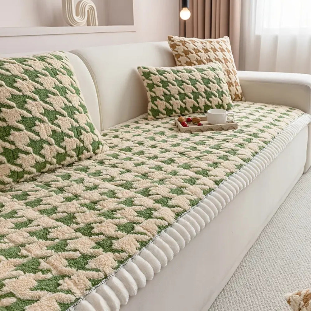 Cleo Sofa Cover - Plush Microfiber Houndstooth with Ruffle Trim 1
