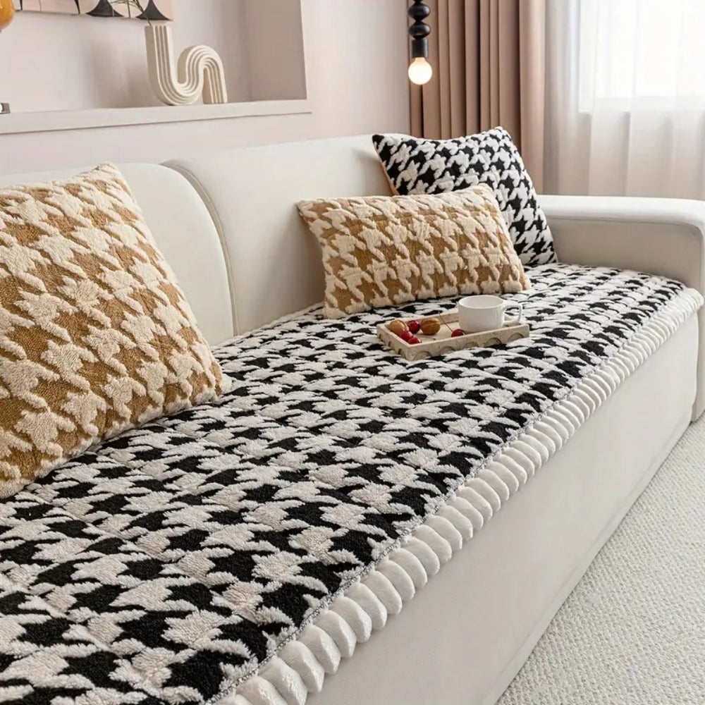 Cleo Sofa Cover - Plush Microfiber Houndstooth with Ruffle Trim 5