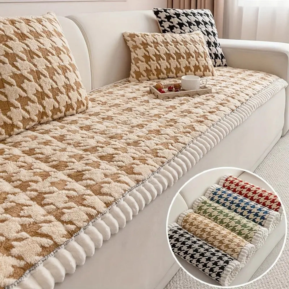 Cleo Sofa Cover - Plush Microfiber Houndstooth with Ruffle Trim 6
