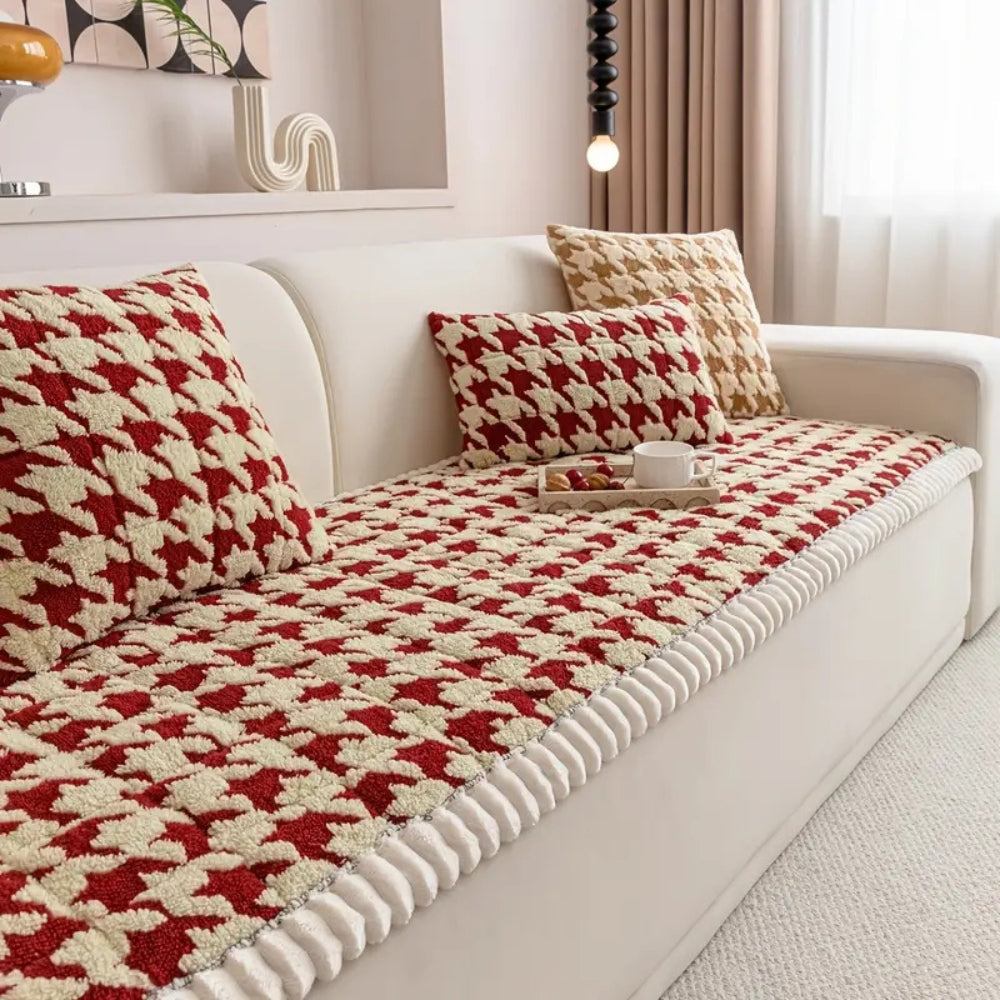 Cleo Sofa Cover - Plush Microfiber Houndstooth with Ruffle Trim 8