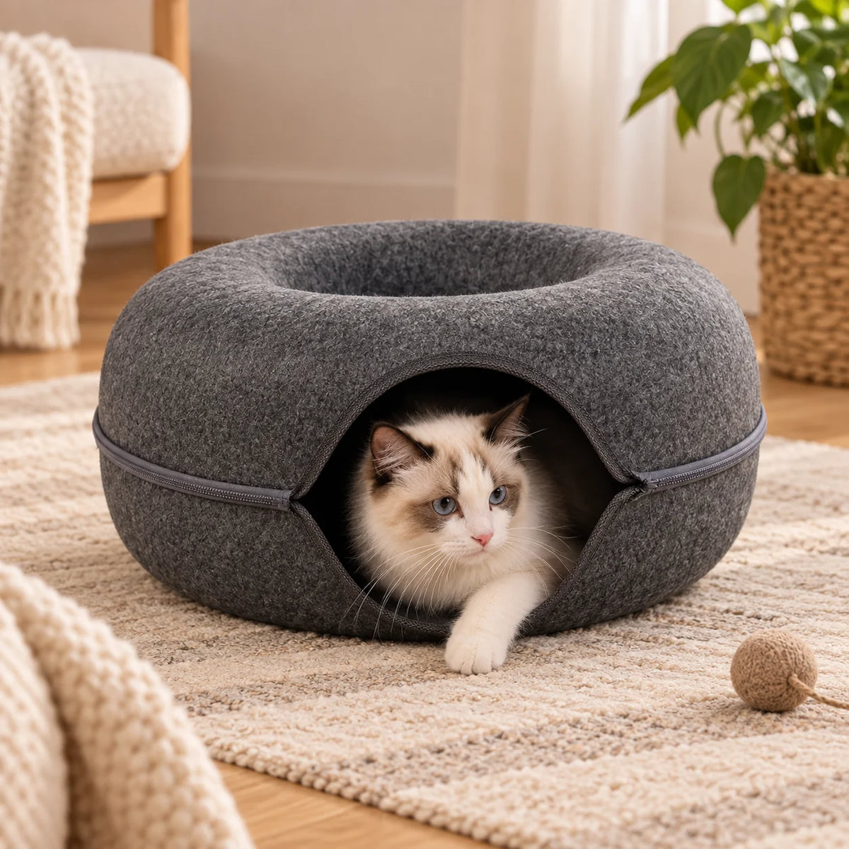 Cora Cat Cave - Donut-Shaped Hooded Bed, Cozy Enclosed Nest 2