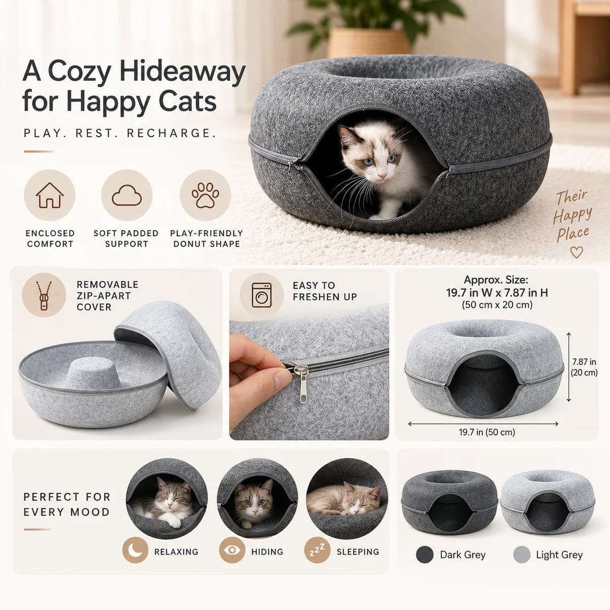 Cora Cat Cave - Donut-Shaped Hooded Bed, Cozy Enclosed Nest 5