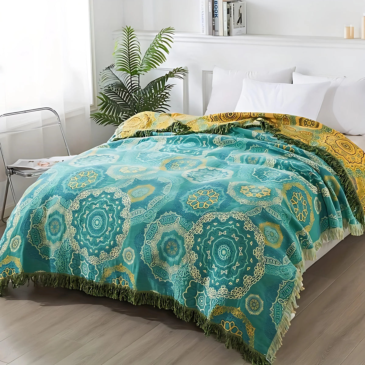 Cotton Four-Season Blanket - Teal, Gold, Cream Mandala Design, Lightweight 79x90.5 Inches 1