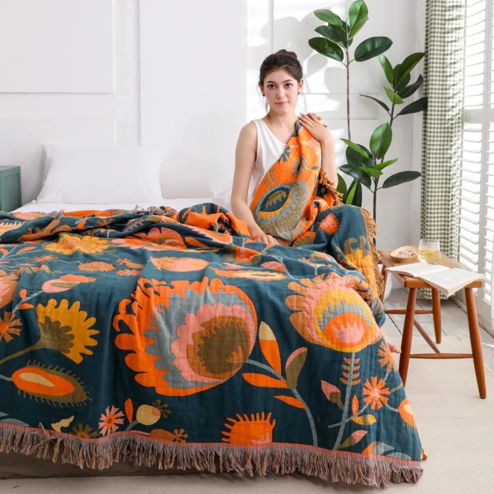 Cotton Throw Blanket Lightweight Boho Floral Pattern - Warm Wildflower Bloom for Indoor Comfort & Travel 2
