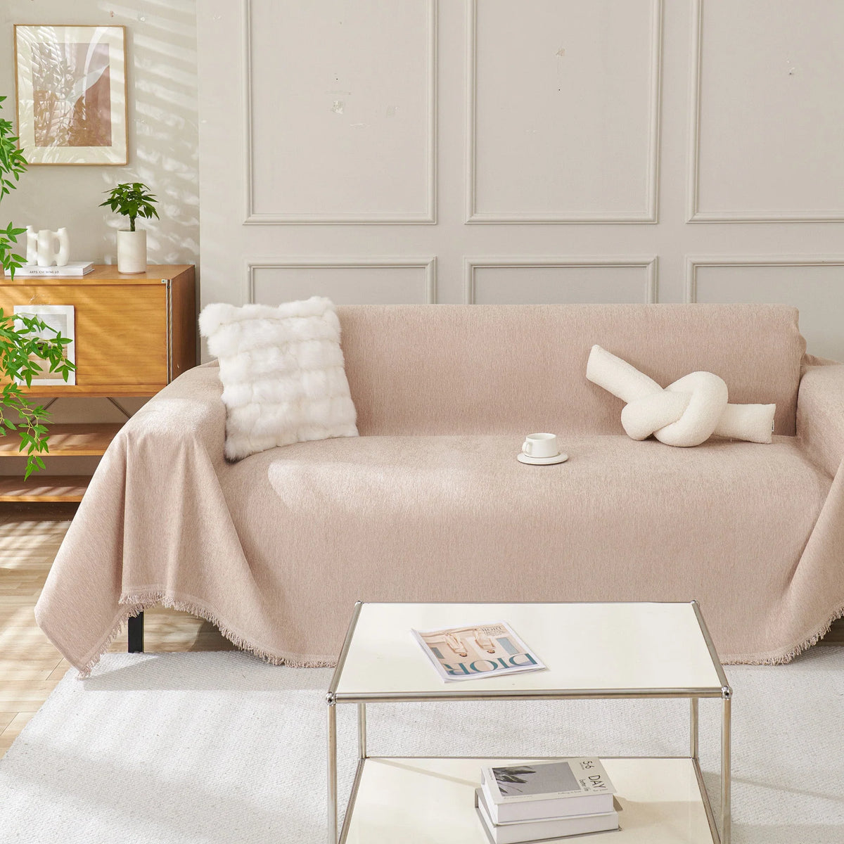 Durable Washable Sofa Cover - Modern Boho Style, Cream, Fits Sectional & Couch, Various Sizes 4