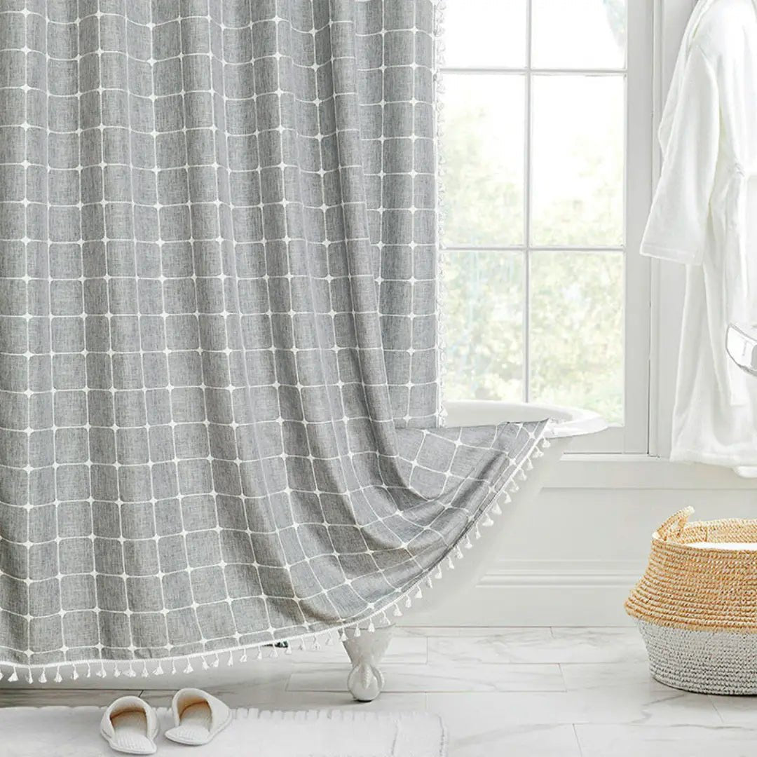 Lino Shower Curtain - Waterproof Linen with Tassels, Includes Curtain Hooks 2
