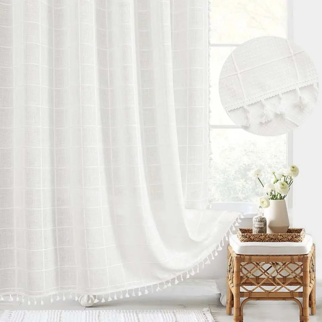 Lino Shower Curtain - Waterproof Linen with Tassels, Includes Curtain Hooks 4