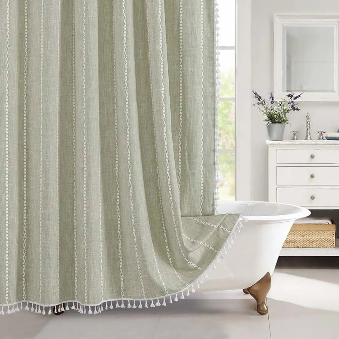 Lino Shower Curtain - Waterproof Linen with Tassels, Includes Curtain Hooks 7