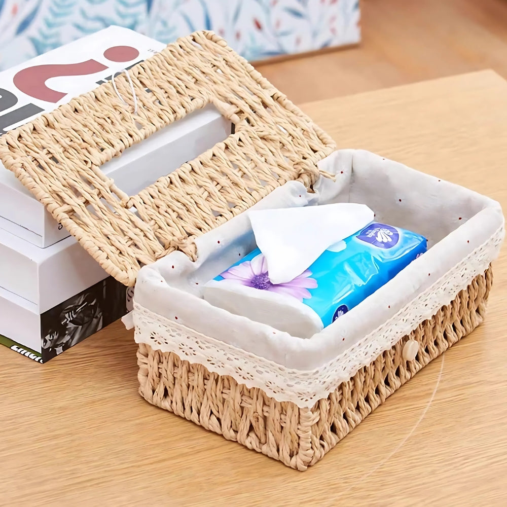 Lunor Tissue Box Cover - Handwoven Braided Paper Rope, Vintage Style 1