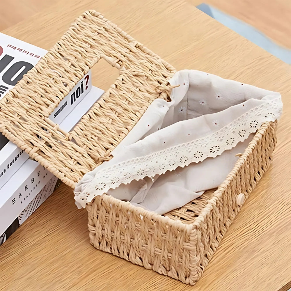 Lunor Tissue Box Cover - Handwoven Braided Paper Rope, Vintage Style 2
