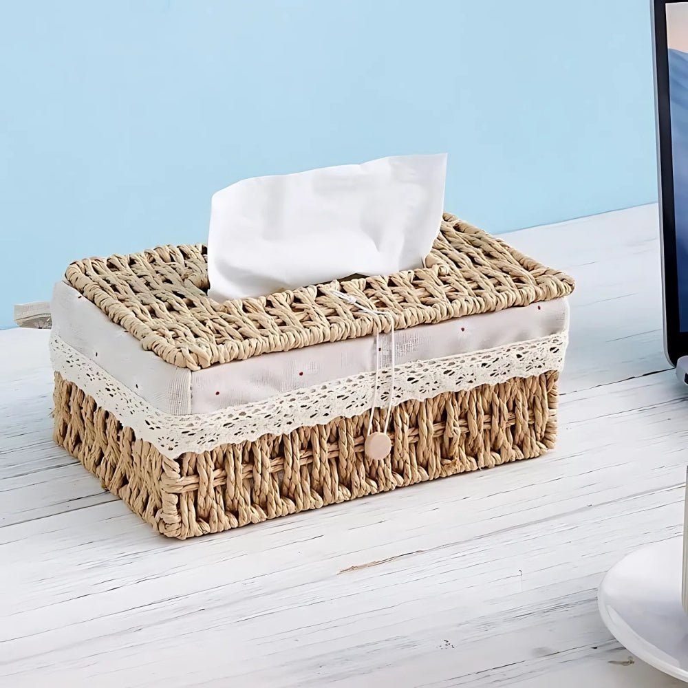 Lunor Tissue Box Cover - Handwoven Braided Paper Rope, Vintage Style 4