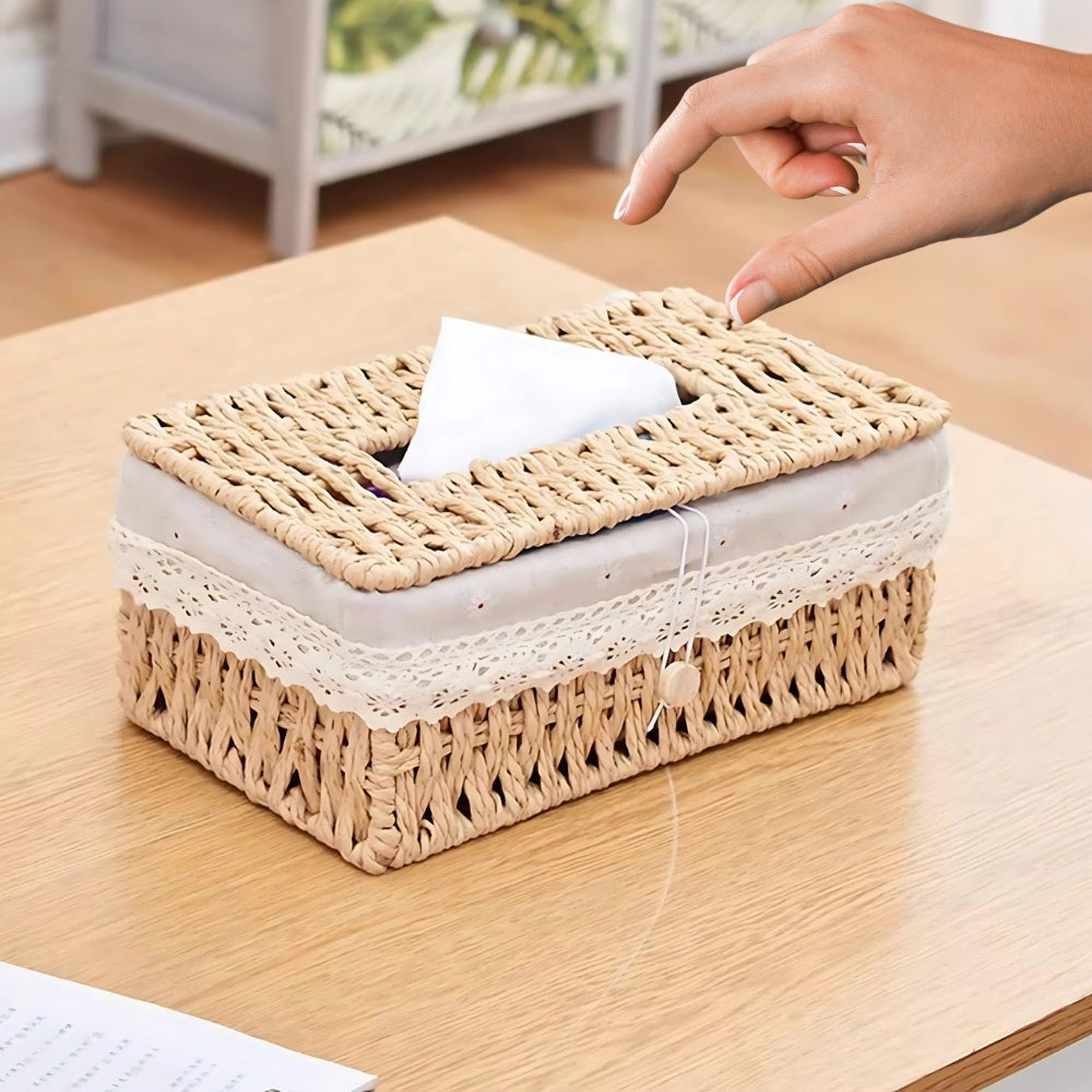 Lunor Tissue Box Cover - Handwoven Braided Paper Rope, Vintage Style 6
