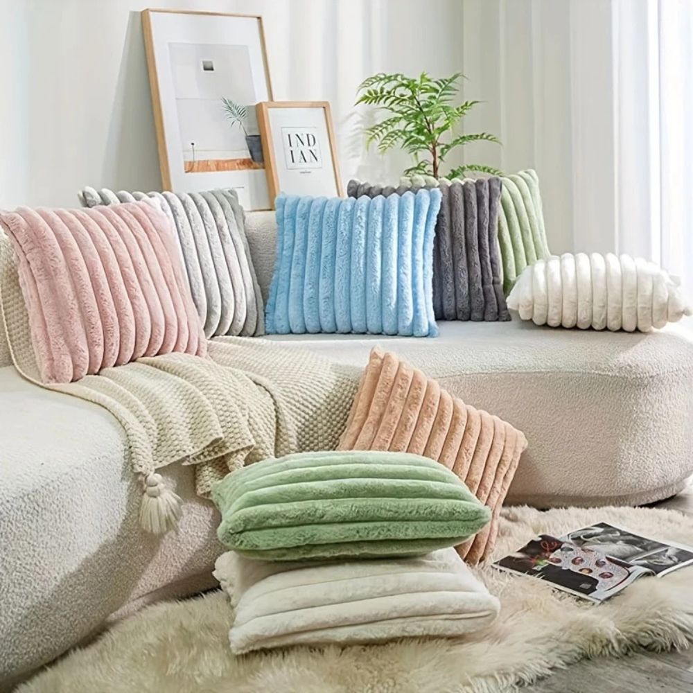 Nouvia Cushion Cover - Plush Faux Fur Striped Design for Sofas 1