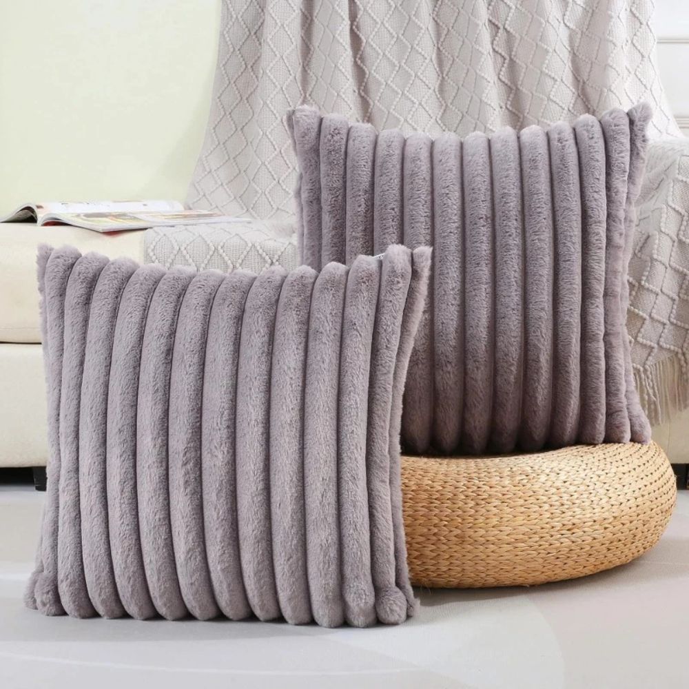 Nouvia Cushion Cover - Plush Faux Fur Striped Design for Sofas 2