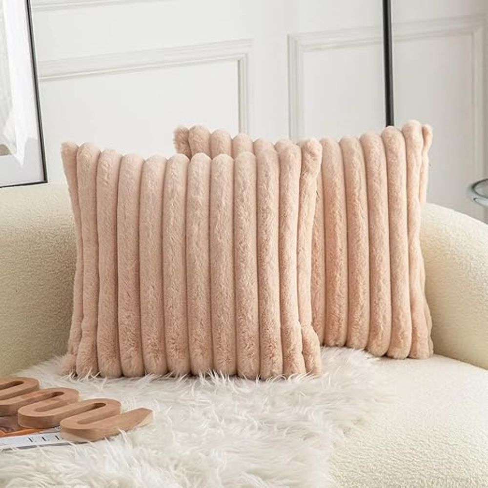 Nouvia Cushion Cover - Plush Faux Fur Striped Design for Sofas 4