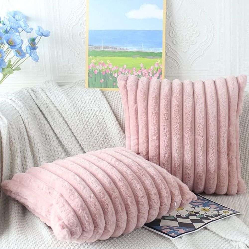 Nouvia Cushion Cover - Plush Faux Fur Striped Design for Sofas 6