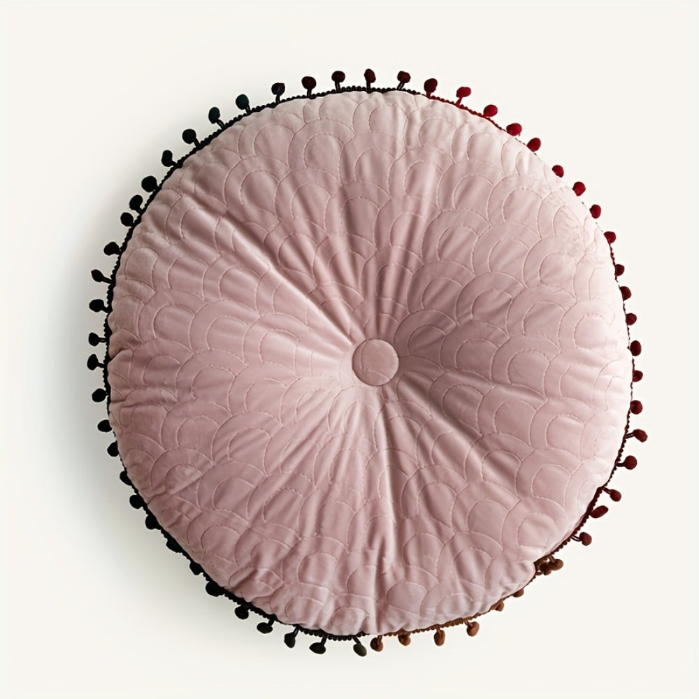 Vesper Round Cushion - Vintage Quilted Velvet, Decorative Pom-Pom Trim 11
