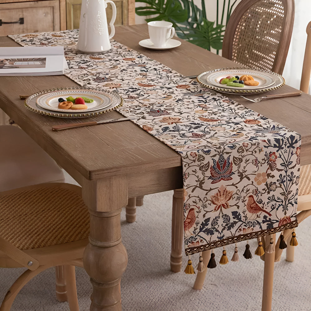 Viora Table Runner - Jacquard Floral and Bird Design, Elegant Tasselled Edges 0