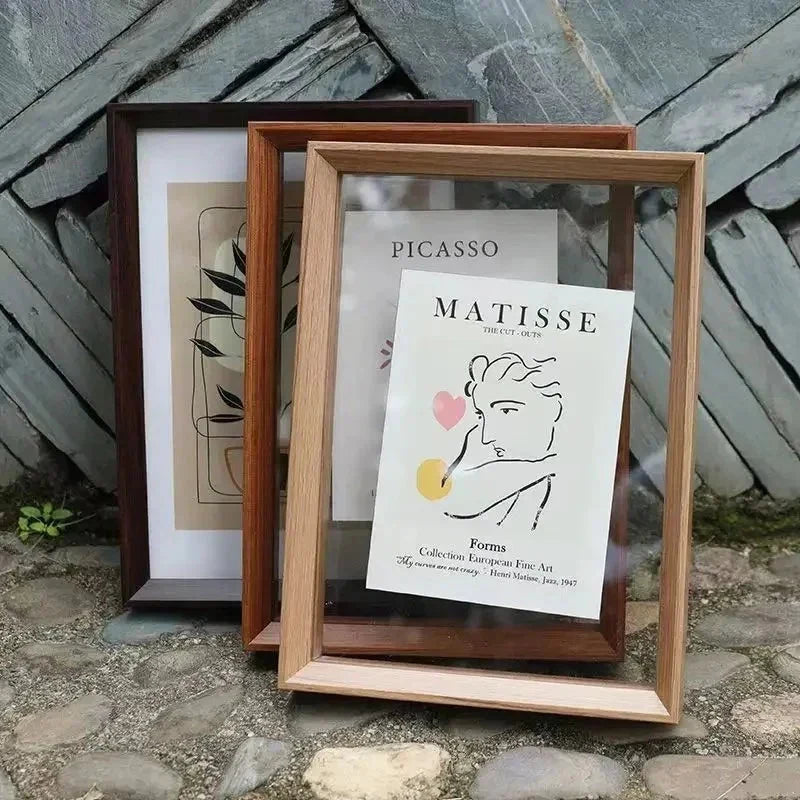 Wooden Floating Photo Frame Double-Sided Glass - Solid Wood, White Border, Wall or Table Display 2