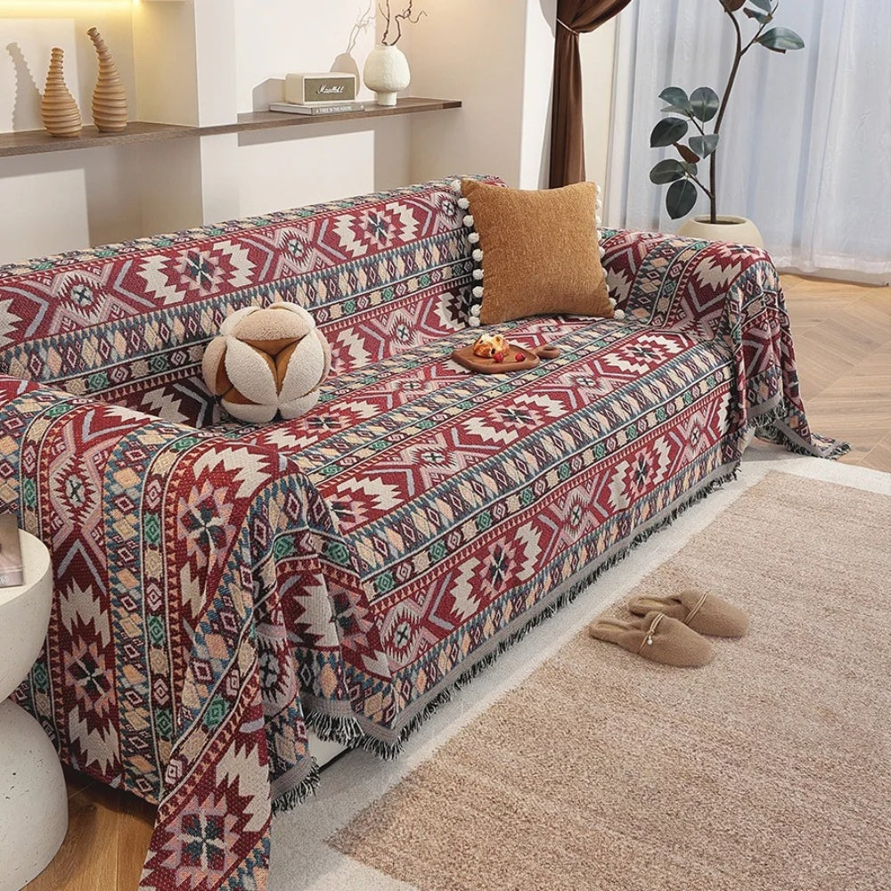 Zarela Sofa Cover - Boho Jacquard Microfiber with Tassel Edges 0