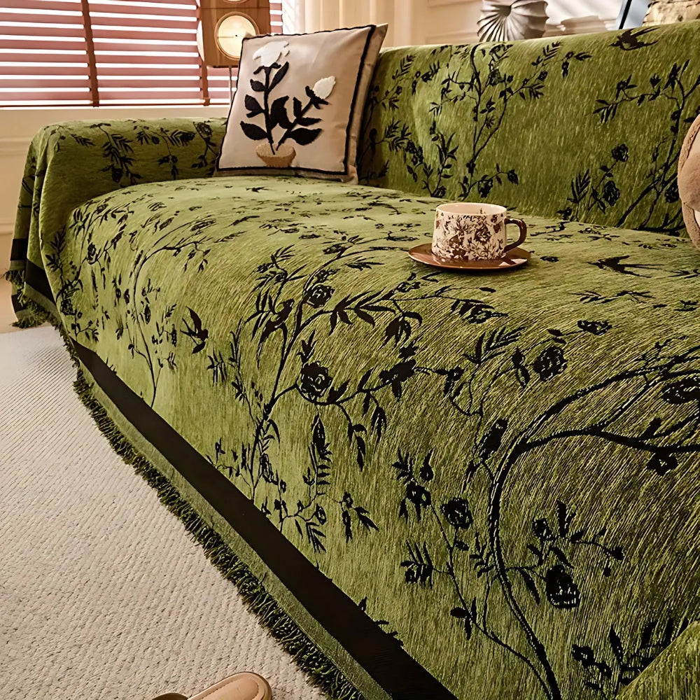 FloraLuxe Cover - Couch Cover - Floral Style - Chenille Tassel Elegance
