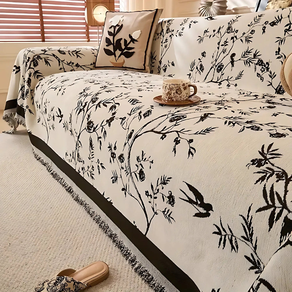FloraLuxe Cover - Couch Cover - Floral Style - Chenille Tassel Elegance