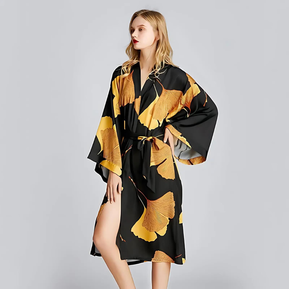 Bamboo Bathrobe - Lightweight Polyester, Ginkgo Leaf Print 0