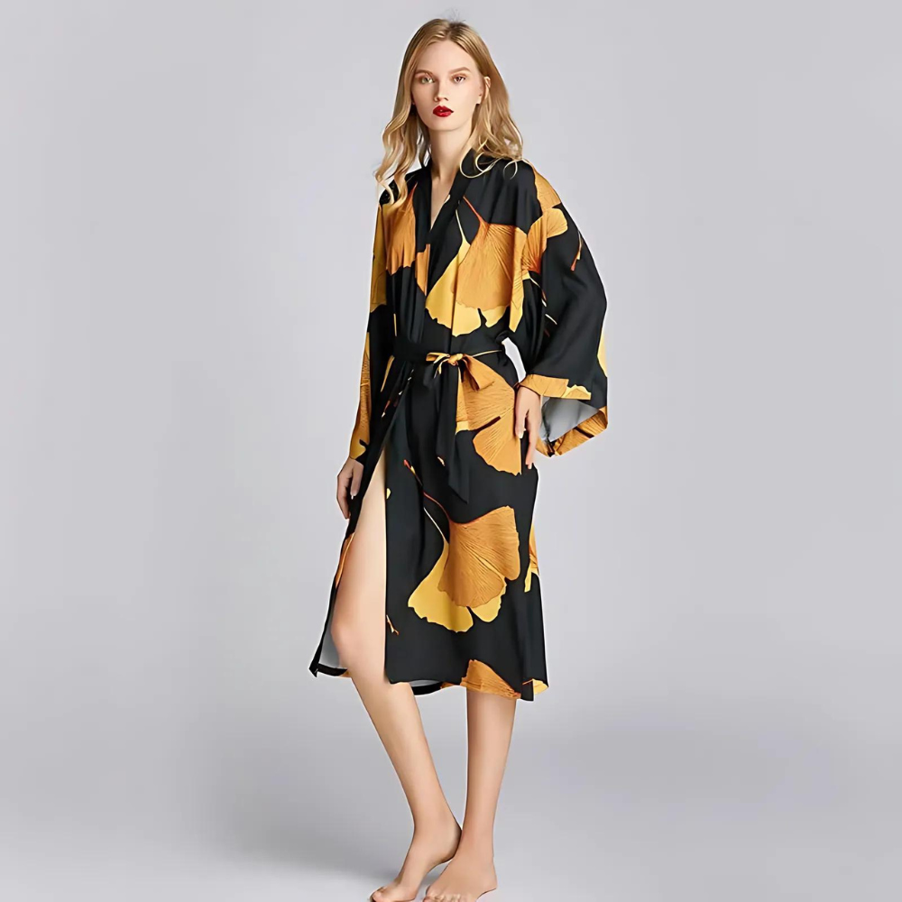 Bamboo Bathrobe - Lightweight Polyester, Ginkgo Leaf Print 1