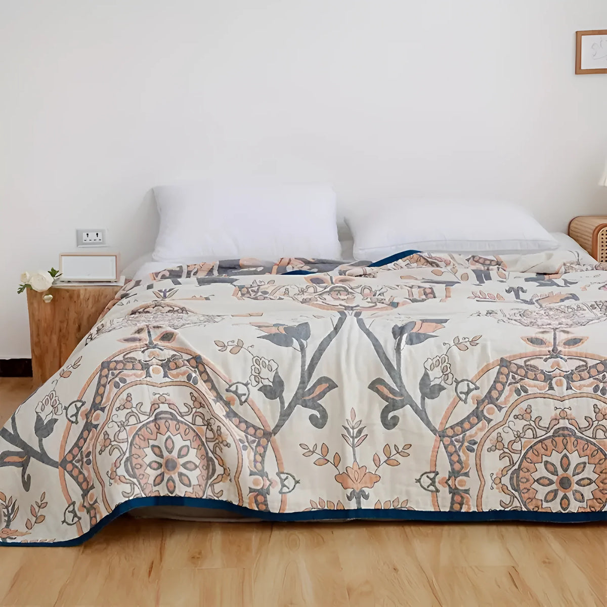 Cotton Blanket Floral Pattern - Lightweight Organic Cotton, Reversible Design for Year-Round Comfort 0