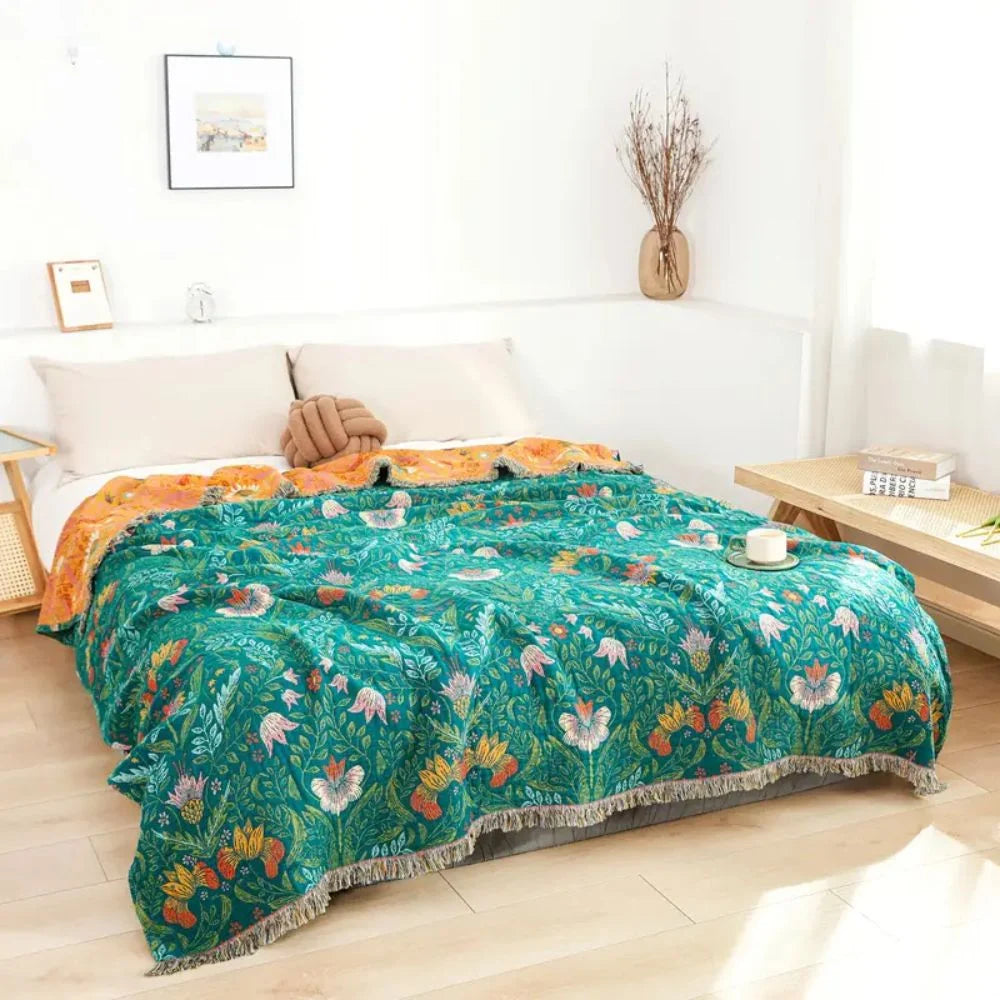 Cotton Blanket Reversible Botanical Design - Soft, Breathable with Multicolored Tassels, Ideal for Couch & Bed 0