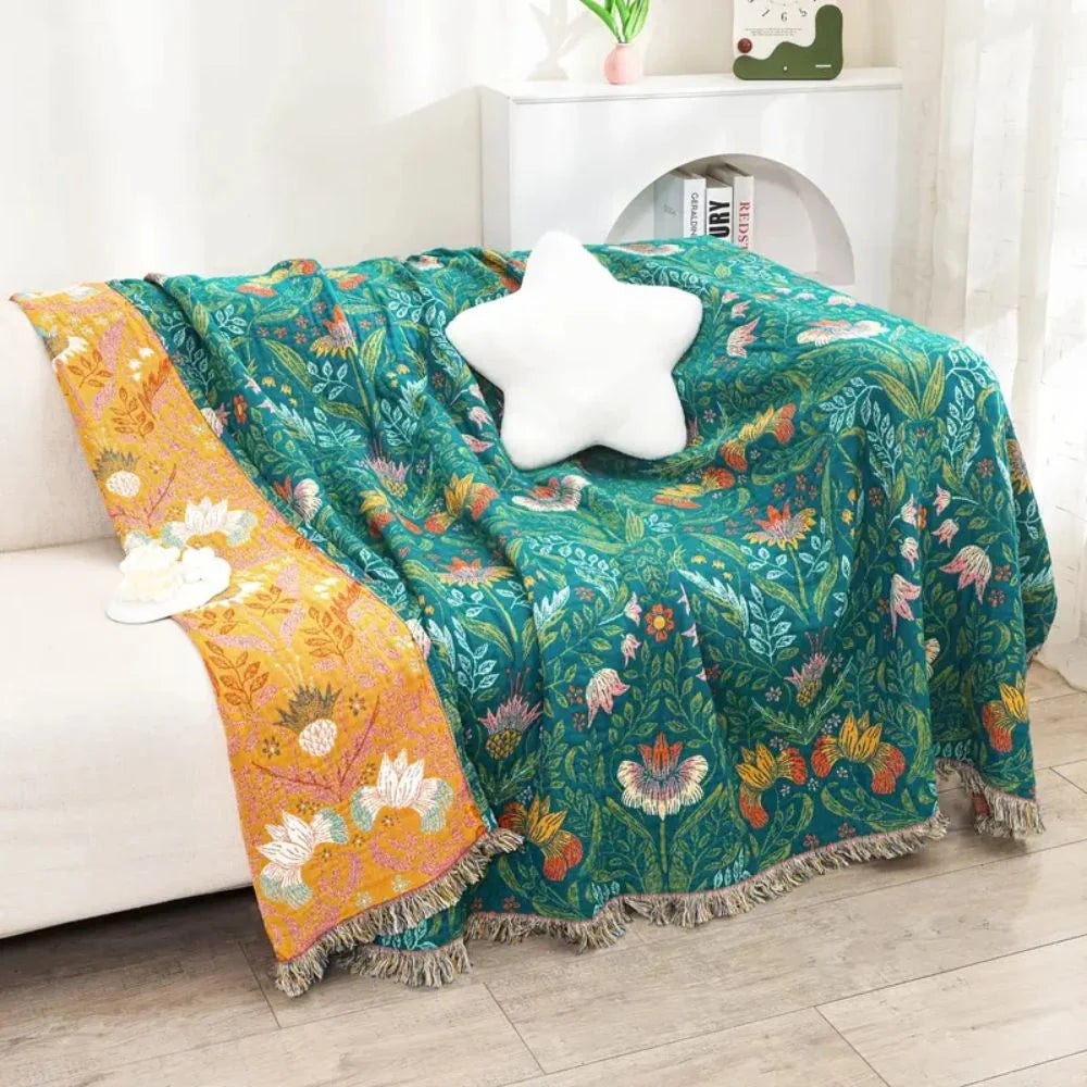 Cotton Blanket Reversible Botanical Design - Soft, Breathable with Multicolored Tassels, Ideal for Couch & Bed 1