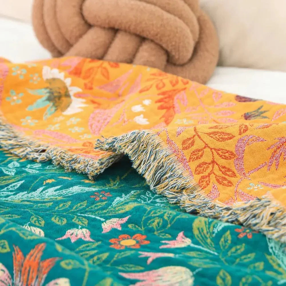 Cotton Blanket Reversible Botanical Design - Soft, Breathable with Multicolored Tassels, Ideal for Couch & Bed 2