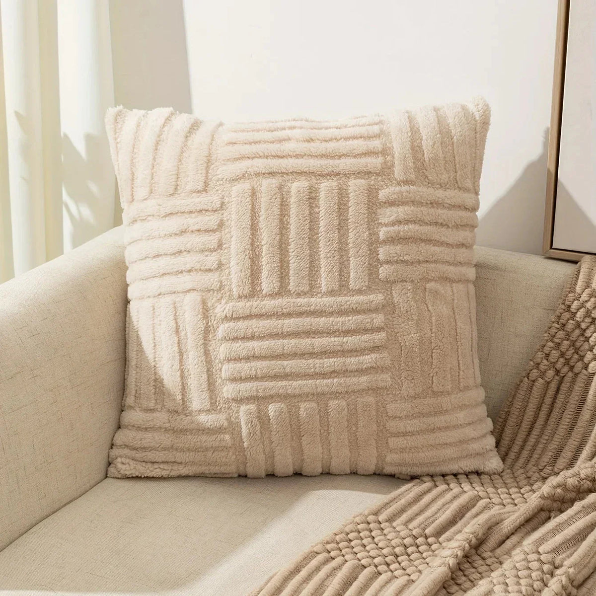 Couch Cushion Cover Plush Fleece - Geometric Braided Pattern, Lumbar Size for Sofa & Bed 2