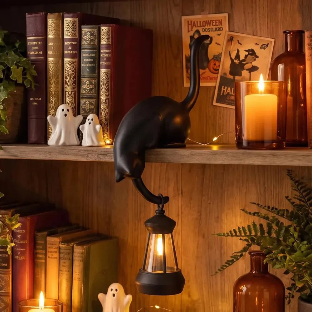 Decorative Resin Cat Figurine with Hook - White or Black, Optional Lantern for Shelf Accent 3