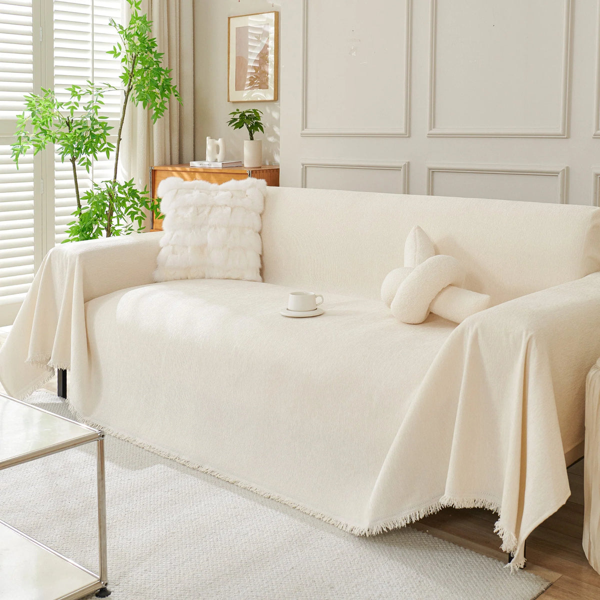 Durable Washable Sofa Cover - Modern Boho Style, Cream, Fits Sectional & Couch, Various Sizes 0