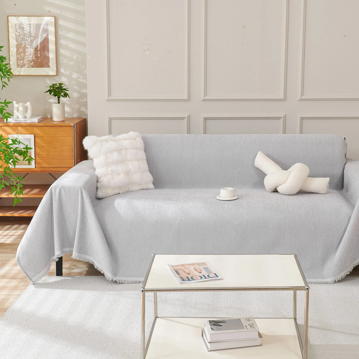 Durable Washable Sofa Cover - Modern Boho Style, Cream, Fits Sectional & Couch, Various Sizes 1
