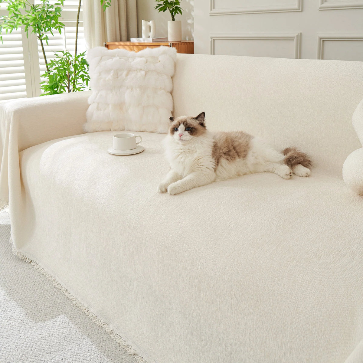 Durable Washable Sofa Cover - Modern Boho Style, Cream, Fits Sectional & Couch, Various Sizes 7