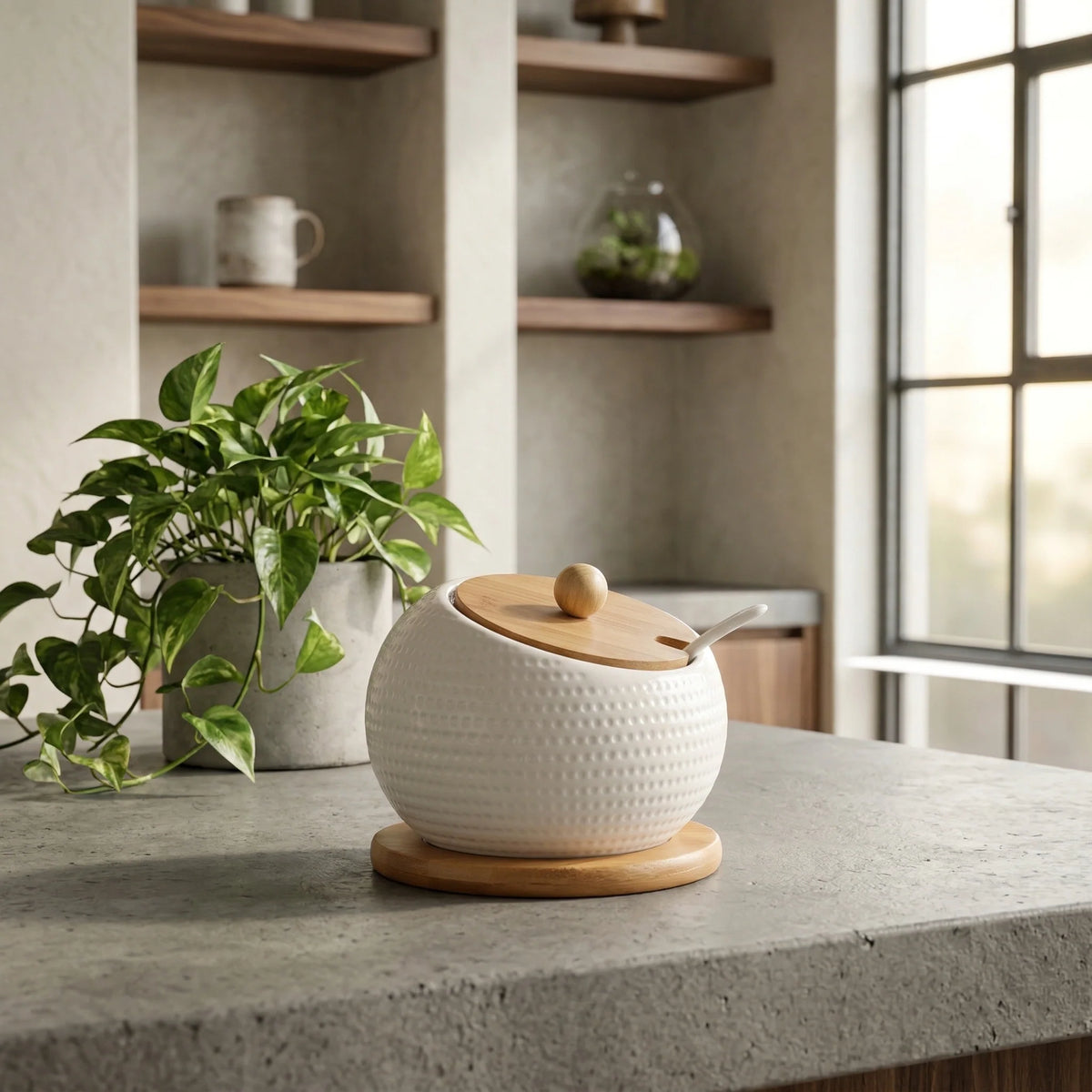 Elara Ceramic Sugar Bowl - Modern Dimpled Design with Bamboo Lid 1