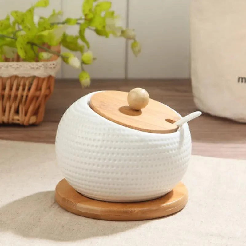 Elara Ceramic Sugar Bowl - Modern Dimpled Design with Bamboo Lid 2