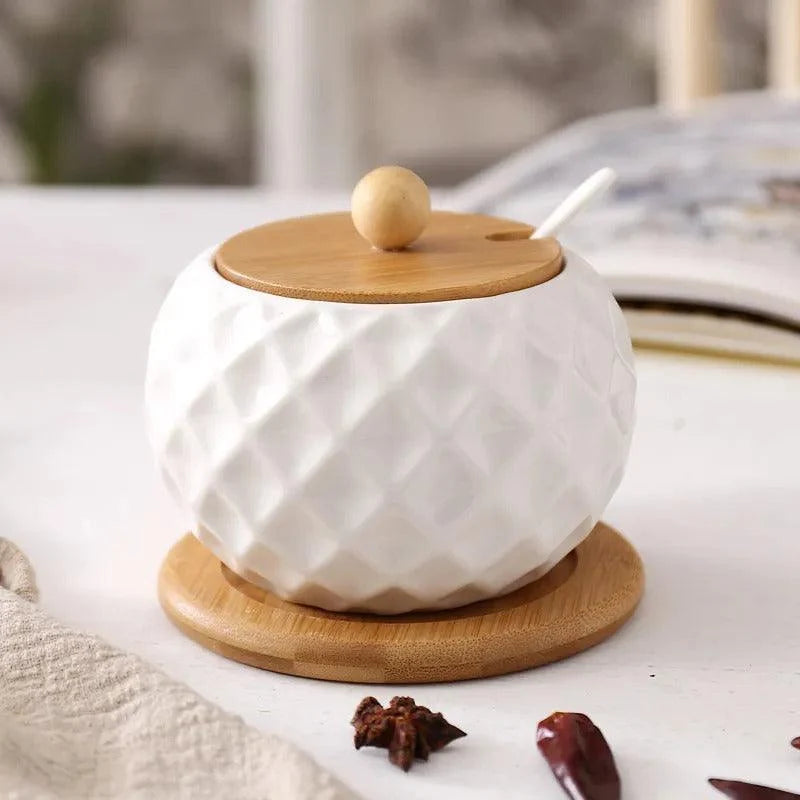 Elara Ceramic Sugar Bowl - Modern Dimpled Design with Bamboo Lid 3