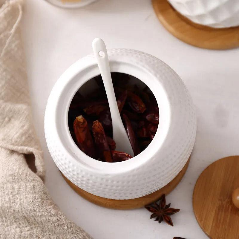 Elara Ceramic Sugar Bowl - Modern Dimpled Design with Bamboo Lid 4