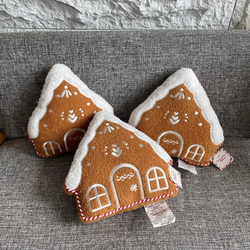 Fleece Decorative Cushion - Gingerbread House Shape, Embroidered Christmas Accent for Couch & Sofa 1