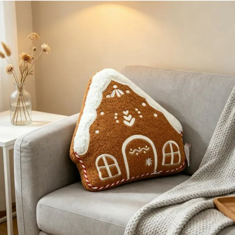 Fleece Decorative Cushion - Gingerbread House Shape, Embroidered Christmas Accent for Couch & Sofa 3